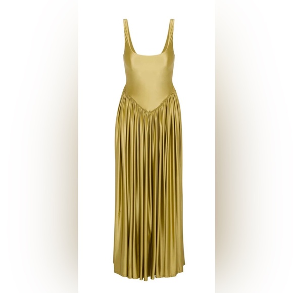 Sleek Olive Satin Pleated Maxi Dress - Picture 2 of 4
